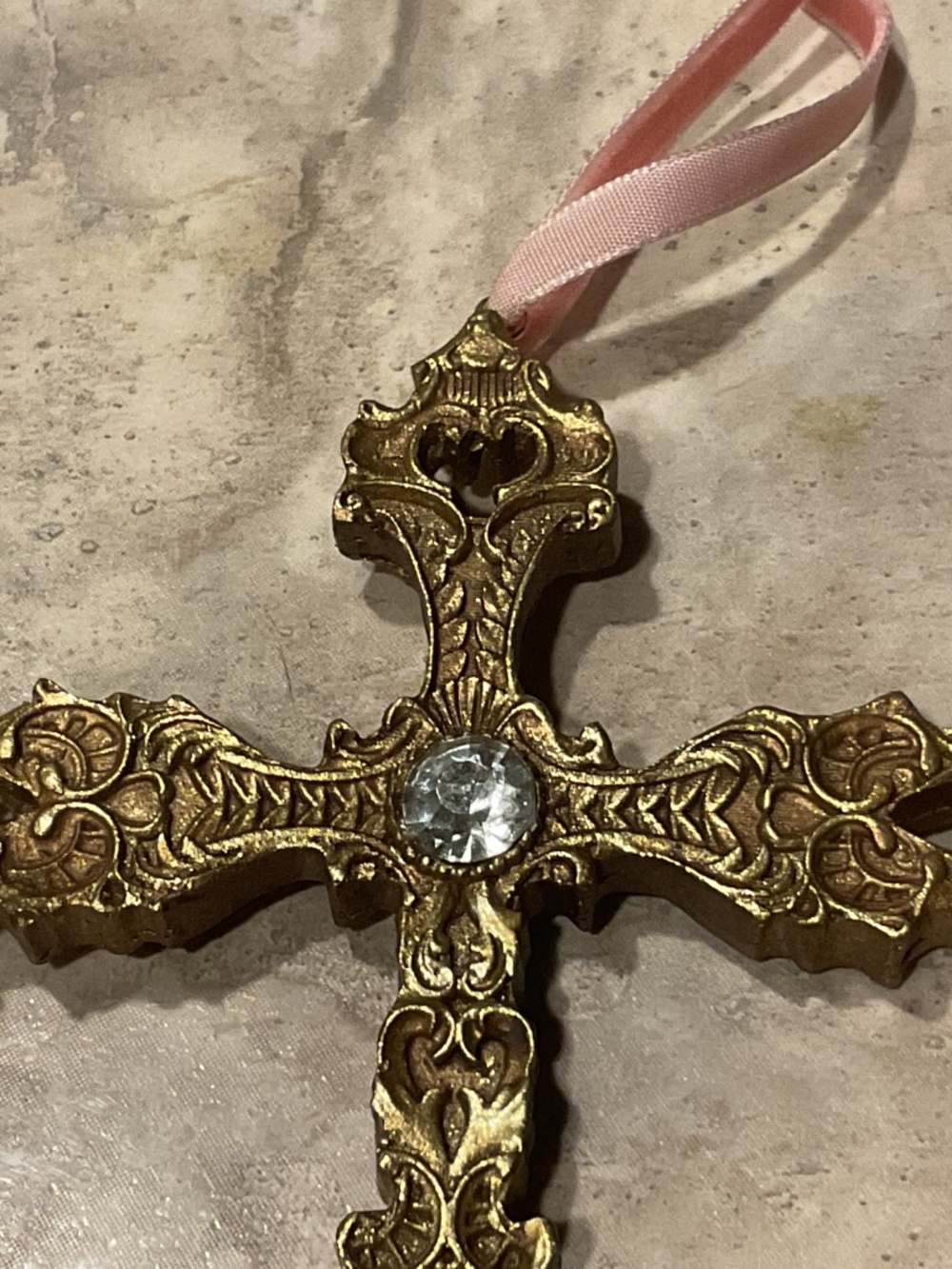Ornate Cross Ornament Lightweight Gold 5” on velvet ribbon - Picture 4 of 10